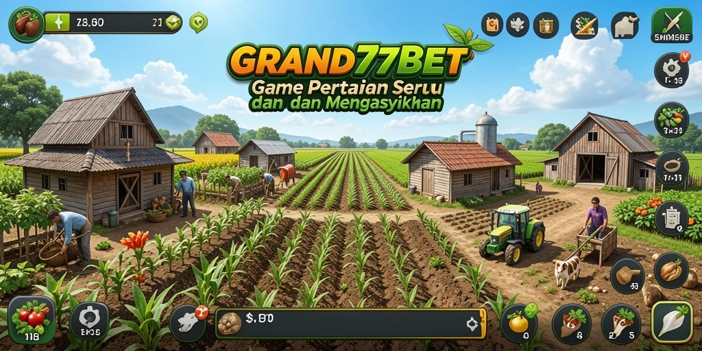 Tampilan gameplay <strong>GRAND77BET</strong> dengan aktivitas pertanian yang menyenangkan.