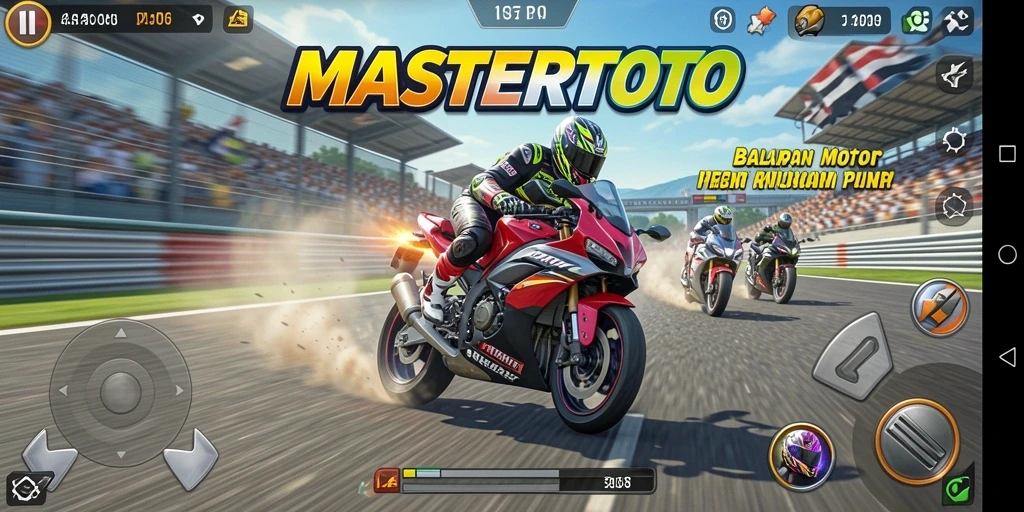 Screenshot MASTERTOTO menampilkan balapan motor yang seru di lintasan yang menantang.