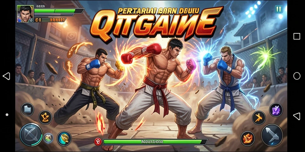Tangkapan layar QTGAME menampilkan pertarungan mendebarkan antar karakter.