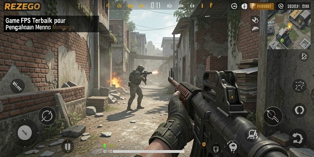 Tampilan gameplay menegangkan dari REZEGO dengan aksi FPS yang dinamis.