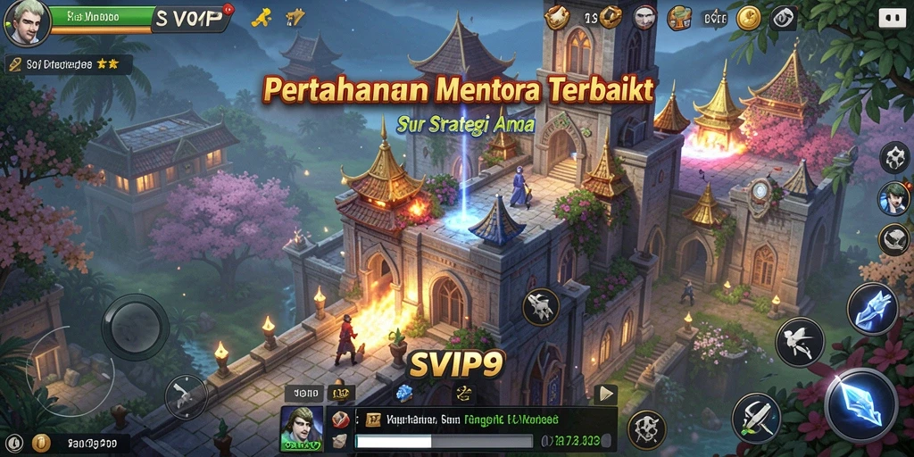 Screenshot gameplay SVIP9 yang menunjukkan menara bertahan melawan gelombang musuh.